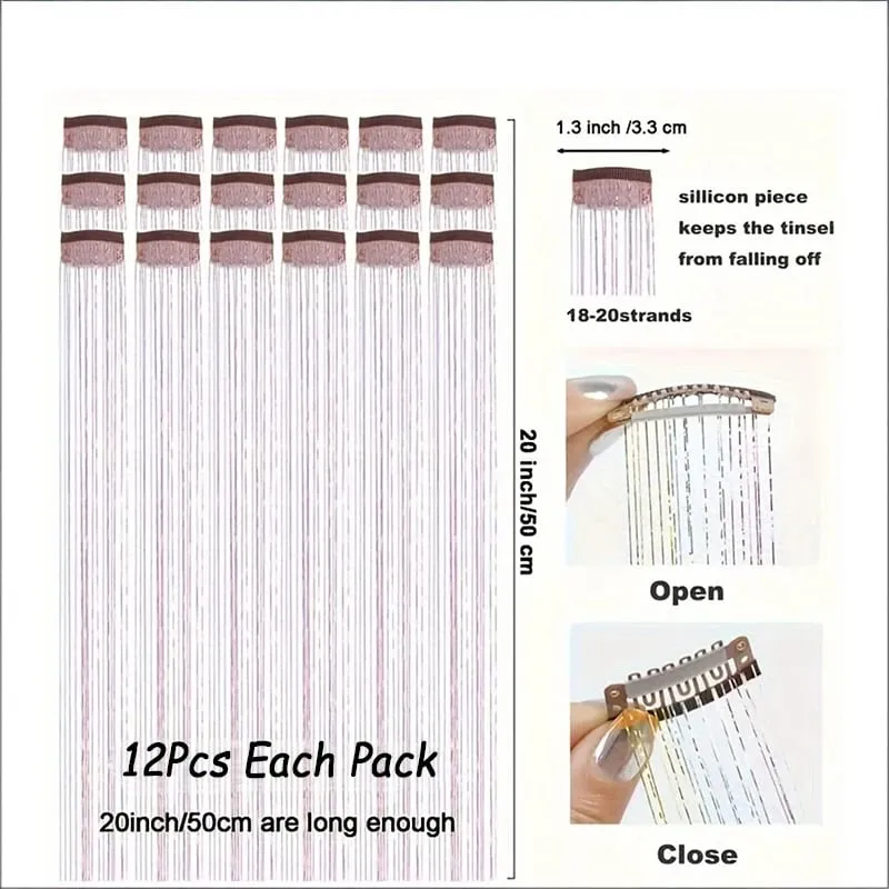 12pcs Per Pack of BB Hair Clips Shiny Metallic Hair Extensions with Clips Fairy Hair Sparkling Hair Accessories for Women.