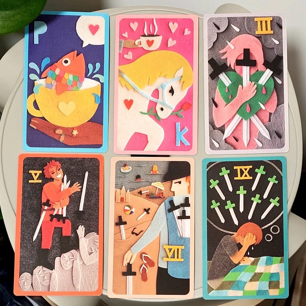 The Craft Felt Tarot 12*7cm 78 Card Deck Unique Hand-Cut Felt Art Rider Whimsical Divination Set in Rigid Box