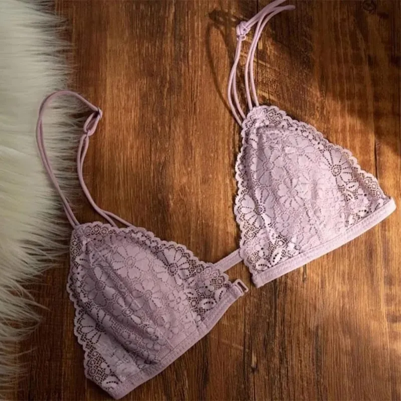 French Style Sexy Lace Thin Triangle Bra With Front Button Women's No Steel Ring Wireless Lingerie Underwear Beautiful Back Bra