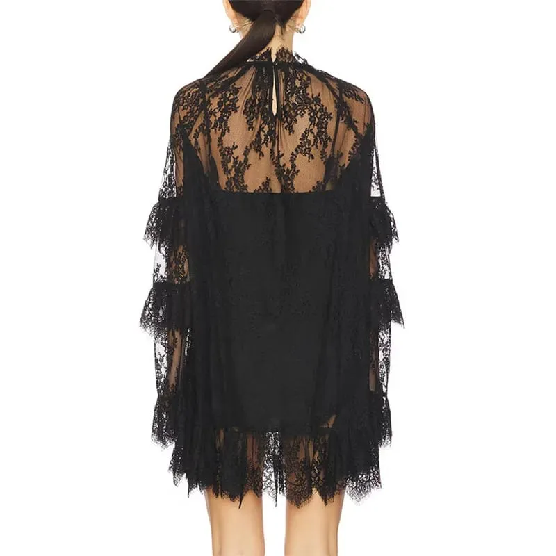 Women's See Through Lace Dress Long Sleeve Crew Neck Casual Loose Sheer Dress Vacation Beach Cocktail Mini Dresses — image 6