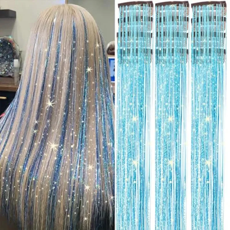 Red Hair Tinsel 12Pcs Clip in Hair Tinsel Kit 22Inch Tinsel Hair Extensions Christmas Hair Tinsel Party Festival Accessories