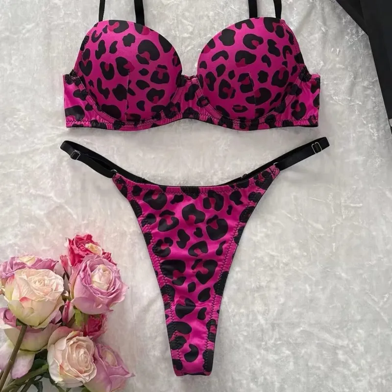 Sexy Leopard Print Push-Up Bra Set with Matching Thong for Women - Underwear Set