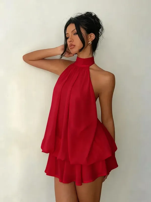 Women's Halter Neck Dress Backless Tie-Front Chiffon Sheer Mini Skirt Fashionable Sexy Y2K Vintage Cute Party Birthday Dress — image 9