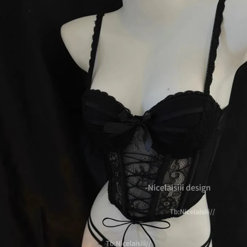Bra Set Sweet Fishbone Halter Tank Top with Bra Pads Gathered Top Thin Bottom Thick Design Women's Lingerie Set