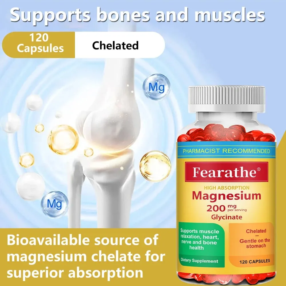 Magnesium Glycinate Capsules 200mg Mineral Supplement for Relaxation Sleep Muscle Bone Cardiovascular & Immune Health — image 3