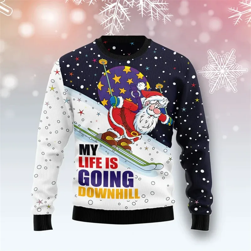Fashion Skiing Santa Graphic Ugly Christmas Sweater For Men Trendy Streetwear 3D Printed Xmas Sweatshirts Loose Holiday Pullover