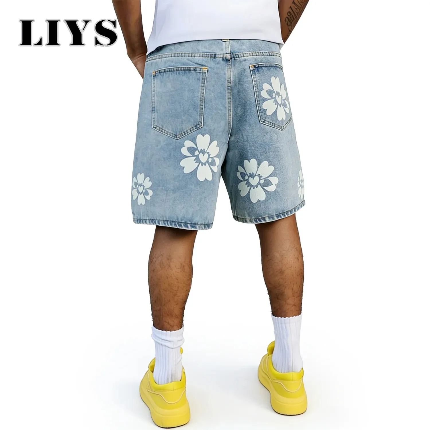 Fresh Delicate Style Flower Print Fashionable Wide Leg Men's Jeans Y2K Casual Elegant Bermuda Denim Shorts Couple Pants