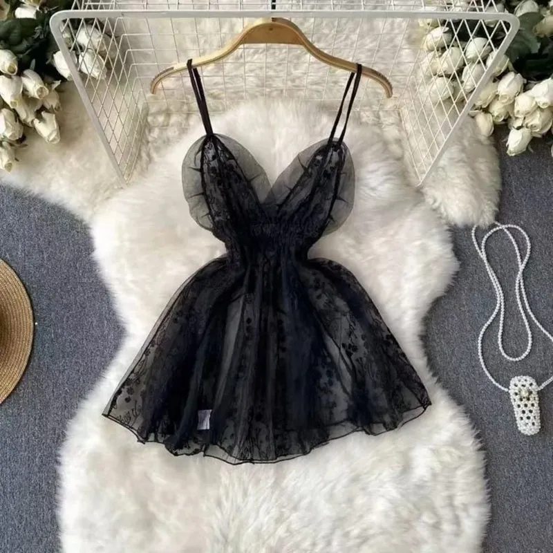 Women Sensual Lace Dress Women V-Neck Open crotch Slim Comfortable Dress Fashion Breathable Sheer Mesh Short Dress New