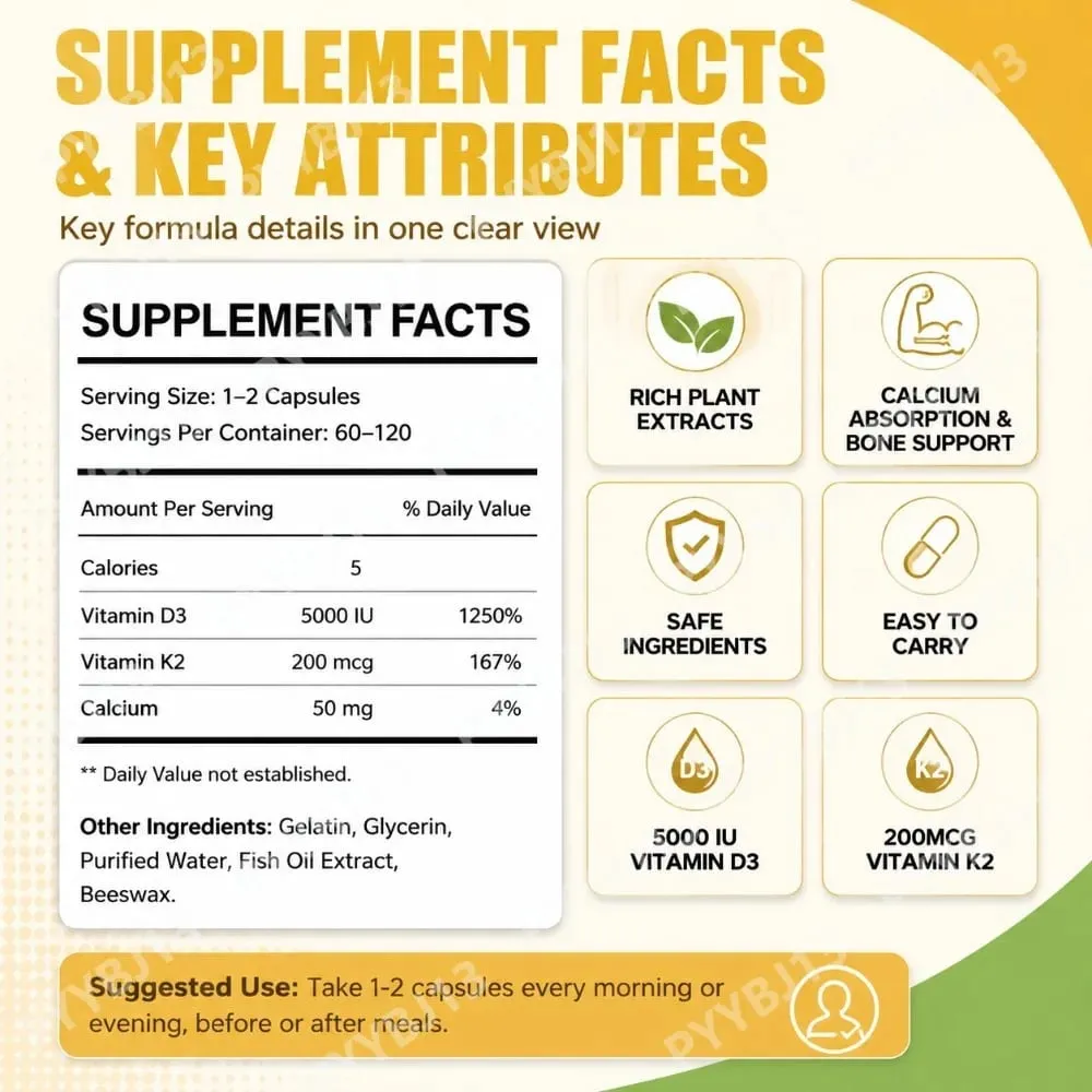 Googeer Vitamin D3 K2 Capsules 5000 IU D3 and 200 mcg K2 for Bone Health and Immune Support Dietary Supplement 120 Capsules — image 3