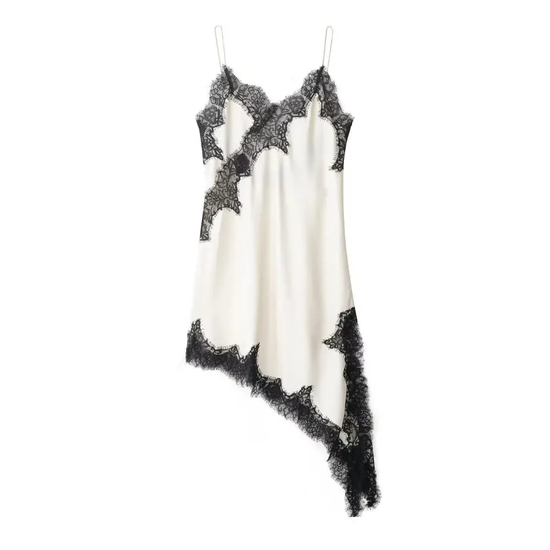 HH Women Elegant Asymmetry Hem Solid Dress Sleeveless Backless V Neck Fashion Dresses Female Sexy Lace splicing Mini Beach Dress