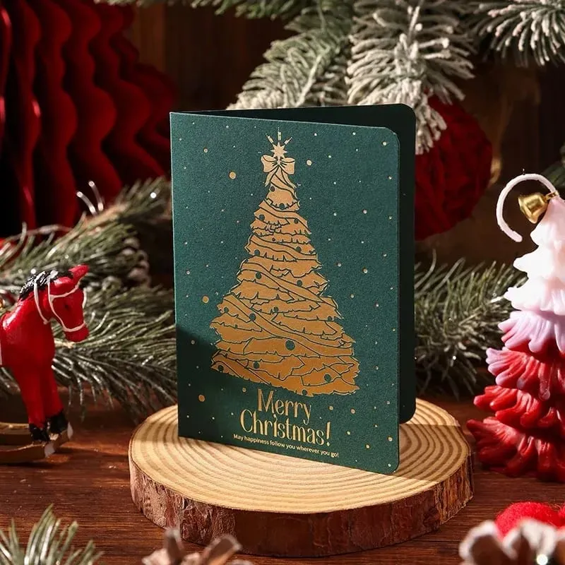 10Pcs Vintage Gold Foil Christmas Folding Greeting Cards Multi Pattern Blessing Holiday Cards New Year Postcard Gift Cards