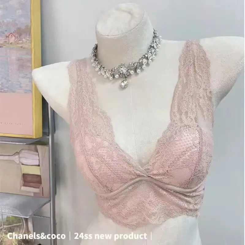 French Lace Lingerie Gathered Without Steel Rims White Inner Layer Layered Camisole Vest Bra Set Without Buttons Gather Toge