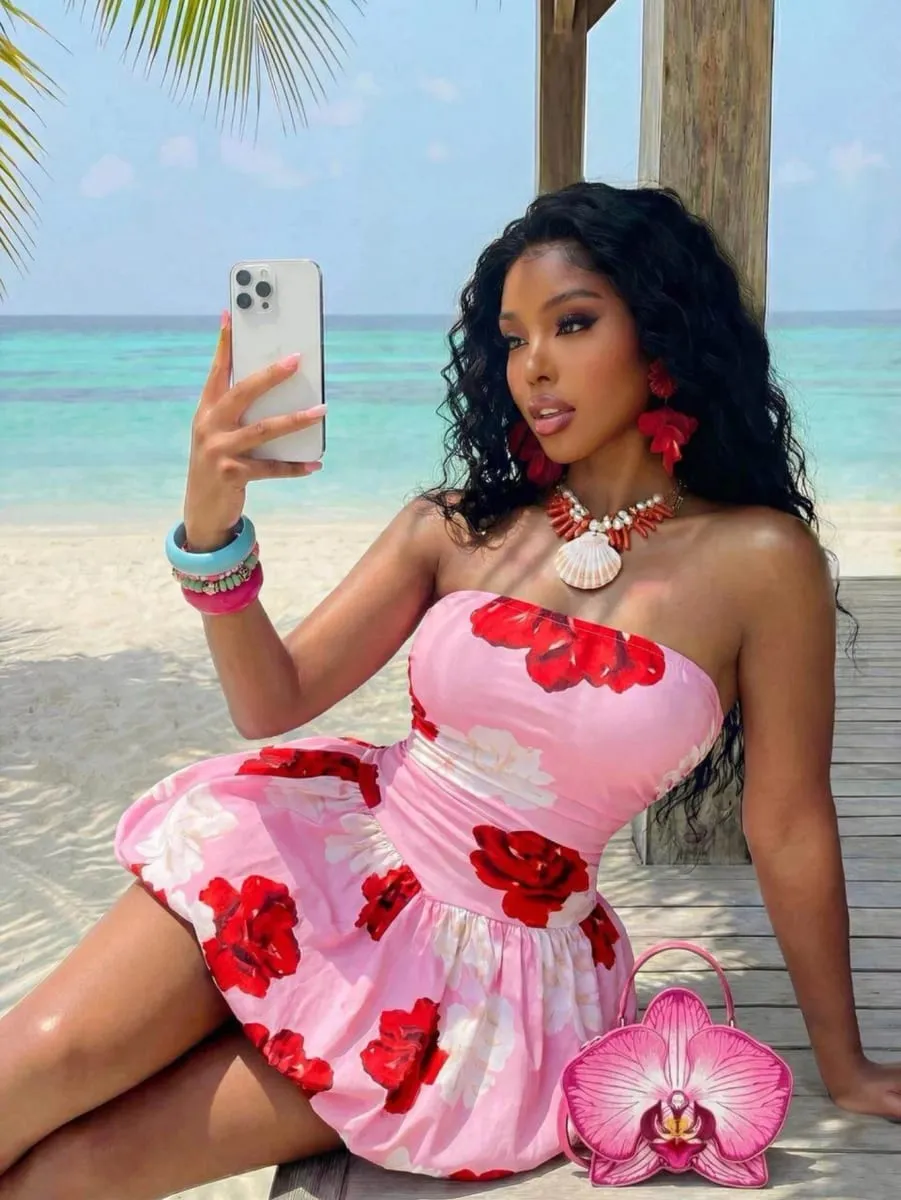 Women Strapless Floral Print Mini Dress Ruched Waist Flared Skirt Bodycon Dress For Beach Holiday Party Occasion — image 4