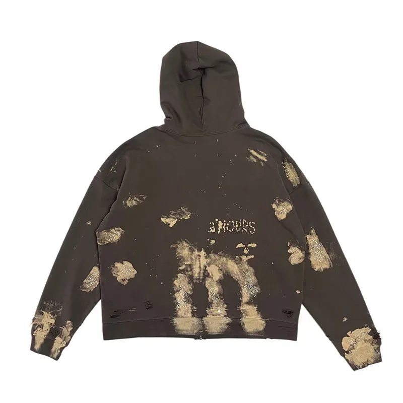 Washed Graffiti PALY Hoodies Men Woman Vintage Damaged Hole Old New Autumn Winter Zipper Hooded Pullovers Sweatshirts