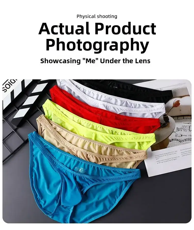 Men's Ice Silk Briefs Sexy Low-Rise U-Pouch Underwear Summer Ultra-Thin Breathable Smooth Panties Quick-Dry Cool Swimming Briefs