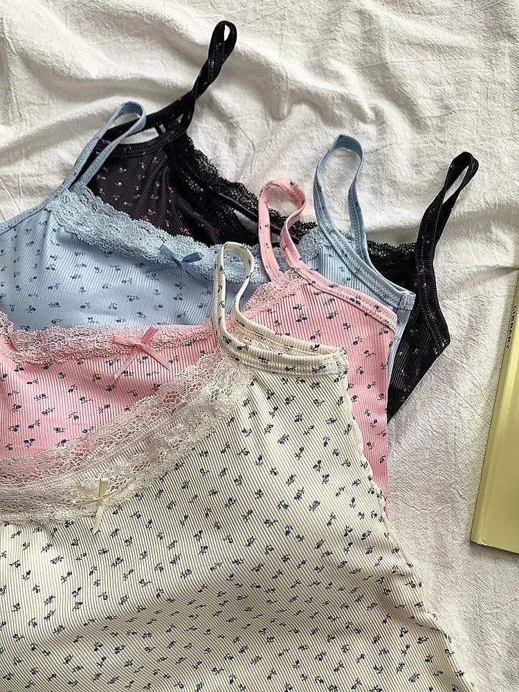 Elegant Lace Flower Print Slim Sexy Vest Floral Tops One Size Tank Spring Sweet Bowknot Style T-Shirt Casual Crop Top Summer
