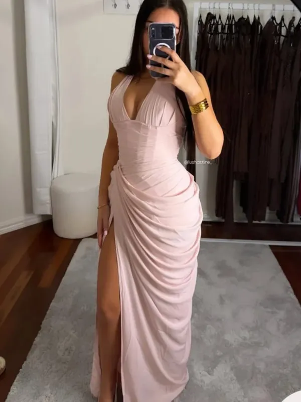Elegant Yellow Strapless Pleated Long Dress Women Chic Solid Sleeveless Waist Cinching Split Gown 2026 Lady Evening Party Robes — image 25