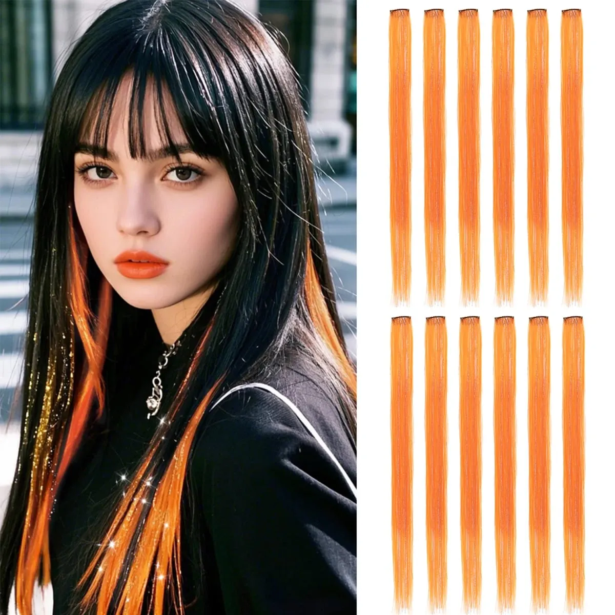 Synthetic Clip in Hair Extensions 12pcs/pack Clip in Colorful Hair Mixed Tinsels Glitter Hairpices for Women Girls Daily Party