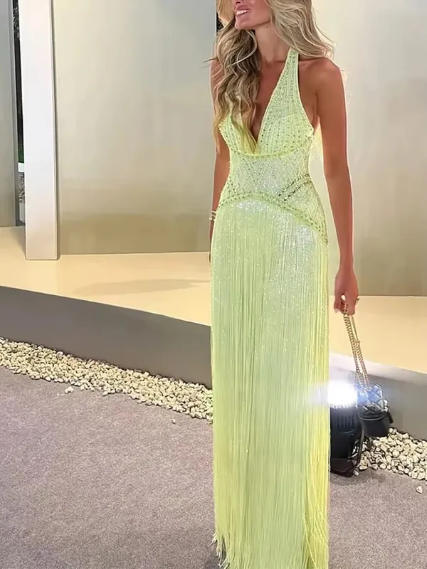 Sexy Off Shoulder Sleeveless Suspender Dress Women's Elegant High Waist Slim Tassel Long Dress Fashion Draped Solid Long Dress — image 6