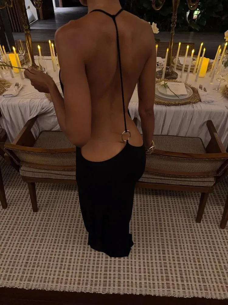 Tossy femmes licou dos nu moulante Maxi robe dos ouvert Spaghetti sangle or anneau robe de soirée été plage longue robe