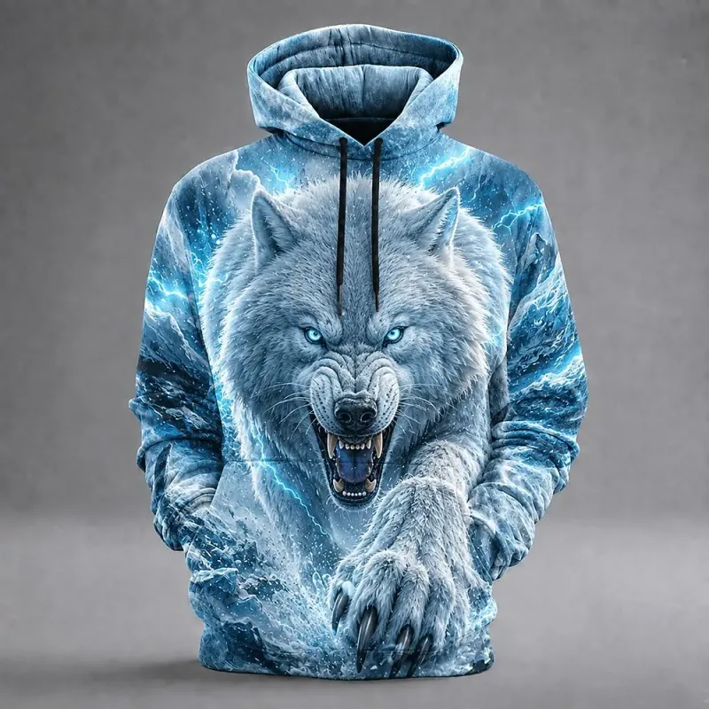 Men's Wolf 3D Printed Hoodie, Fierce Animal Graphic Hooded Sweatshirt, Long Sleeve Casual Streetwear Pullover Tops