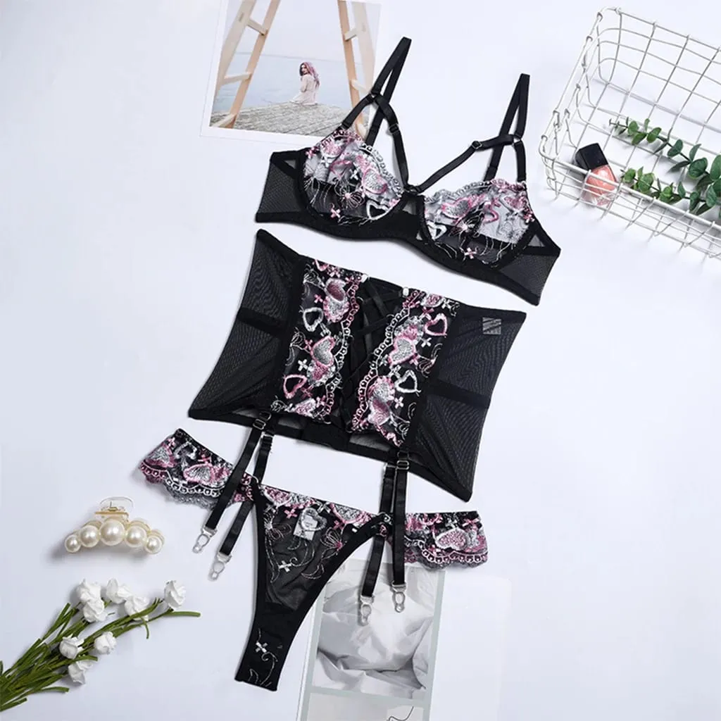 Adults Lingerie Set for Women Bra and Panty Set with Briefs 3 Piece Lace Bodysuit Underwear Adjustable Strap Breast Lace Bra