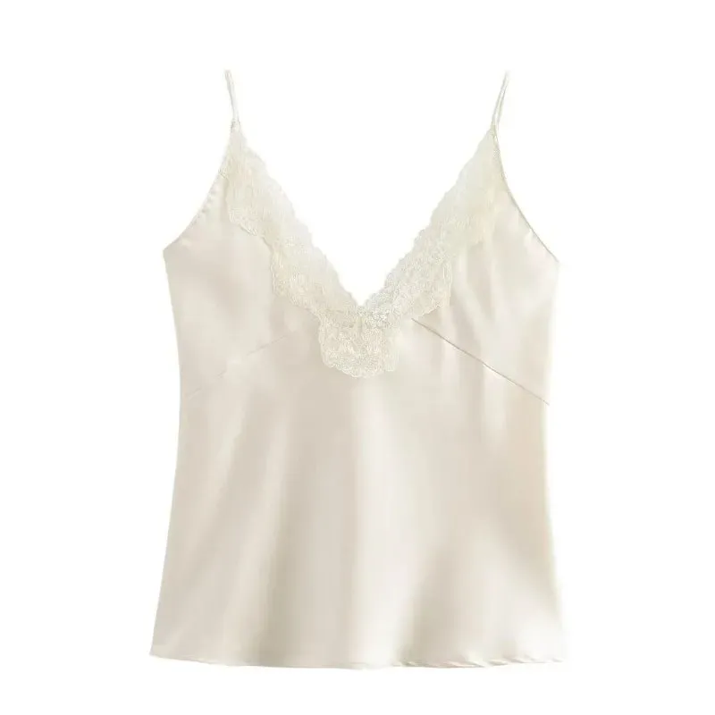 Women Lace Patchwork Tanks Tops Satin V-neck Solid Sleeveless Camisole Summer Women Spaghetti Strap Mini Tops Fashion Slim Camis