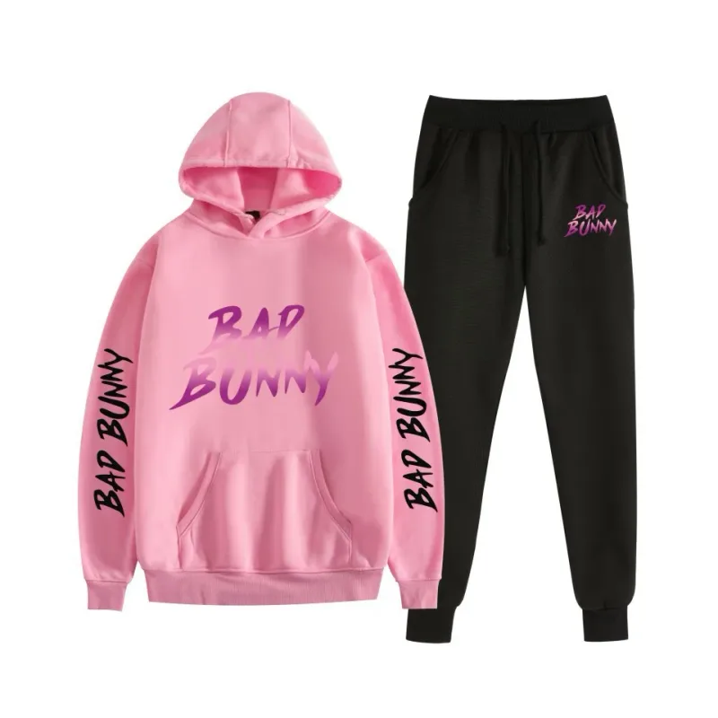 Harajuku Comfortable bad bunny Print Sweatshirt Sweatpants Suit Women's Hoodies+ Trousers Suit Boys/Girls 2 Piece Set Clothes