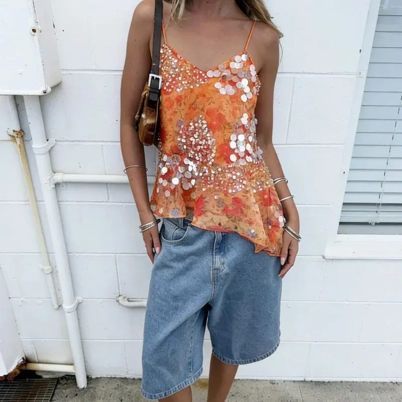 Y2k Floral Sequin Patchwork Crop Tops for Women Sparkly Strappy Tank Tops Sexy V Neck Top Concert Outfits Party Beachwear