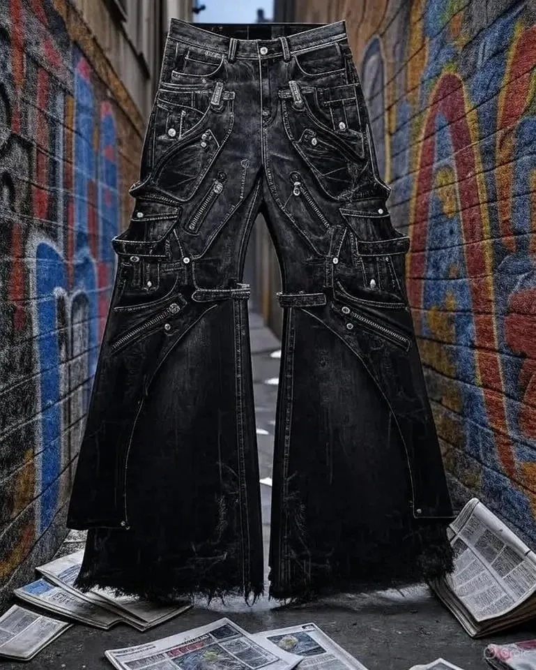 Streetwear Goth Punk Multi-Pocket Cargo Jeans Mens Black Distressed Flared Denim Pants with Straps Zippers Studs Frayed Edges