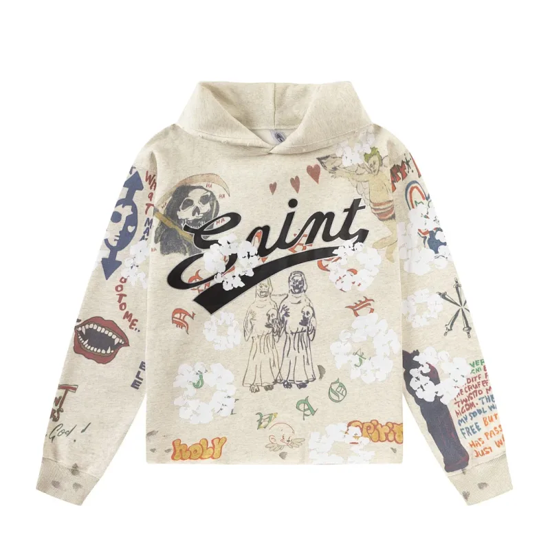 26FW SAINT x Ber B J Co-brand Big Logo Printed Women Men Washed Hooded Sweatshirt Hoodies Vintage Distressed Men Casual Hoodie