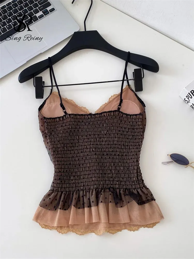 Polka Dot Mesh Lace Top French V Neck Shirred Stretchy Slim Backless Female Tank Top Summer Y2K Sensual Lazy Camisole