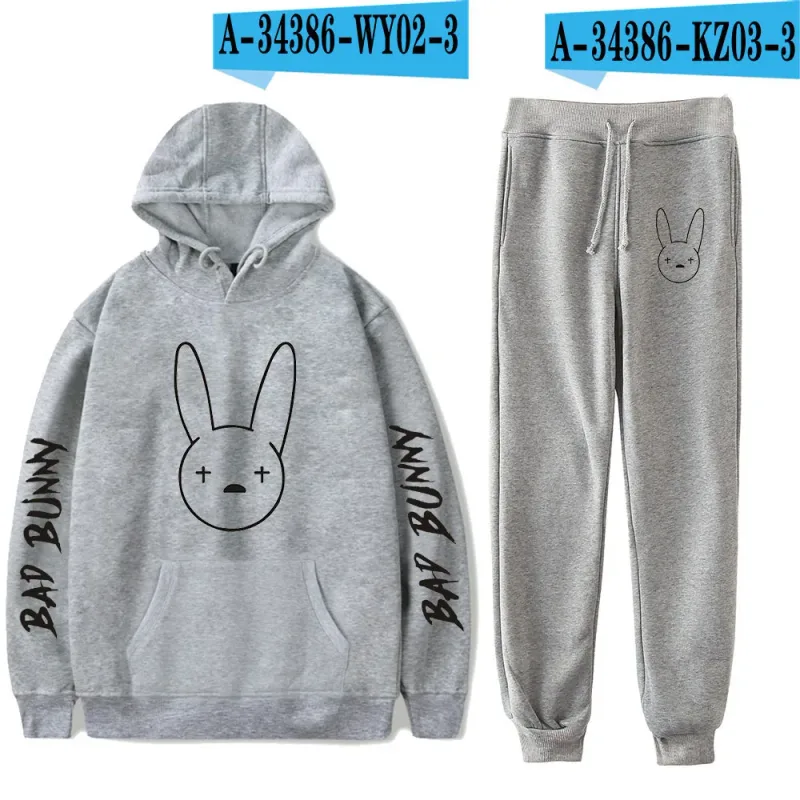 Harajuku Comfortable Funny bad bunny Print Sweatshirt Sweatpants Suit Men/Women Hoodies+ Trousers Suit Cute 2 Piece Set Clothes