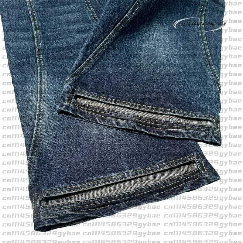 2026 Y2K Retro Blue Flare Jeans Unisex Washed Denim Pants Embroidered Back Pocket Streetwear Wide Leg Bootcut Jeans — image 6