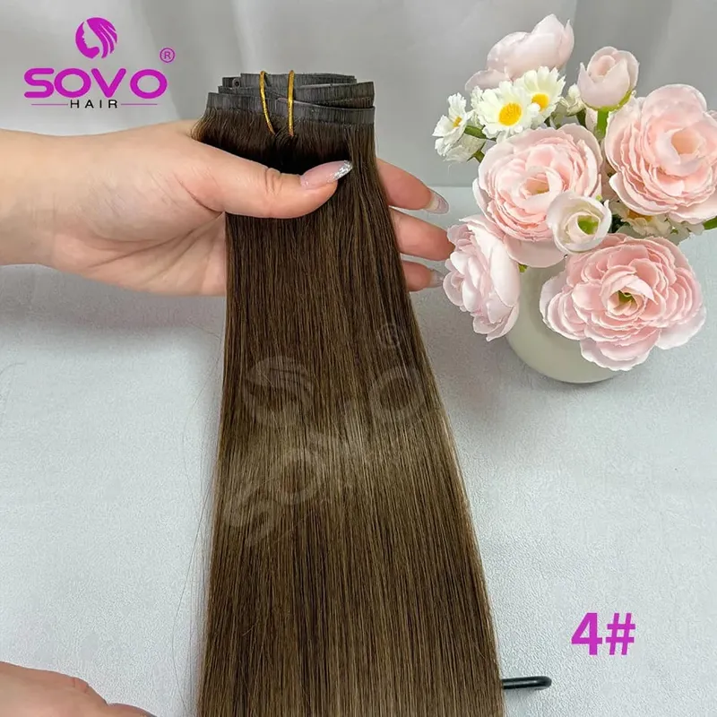 110G Tape PU Clip In Hair Premium Remy Clip In Human Hair Extensions 7pcs Clip-on Hair 14"-24" Balayage Ombre Mocha Brown Black