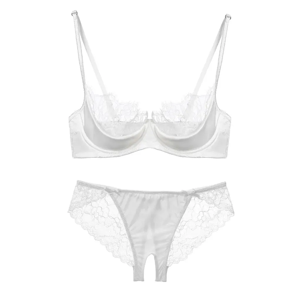 Women French Lace Half Cup Lingerie Set Green Ultra Manipis Sheer Soft Kumportable Underwire Bra Para sa Maliit na Bust 32‑38AB — image 7