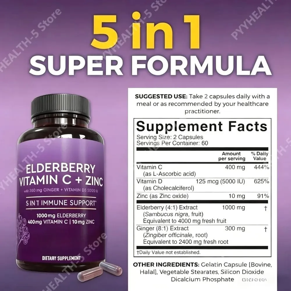 Elderberry Capsules with Vitamin C Zinc D3 Ginger Sambucus Black Elderberry Herbal Blend Daily Wellness Support for Adults — image 4