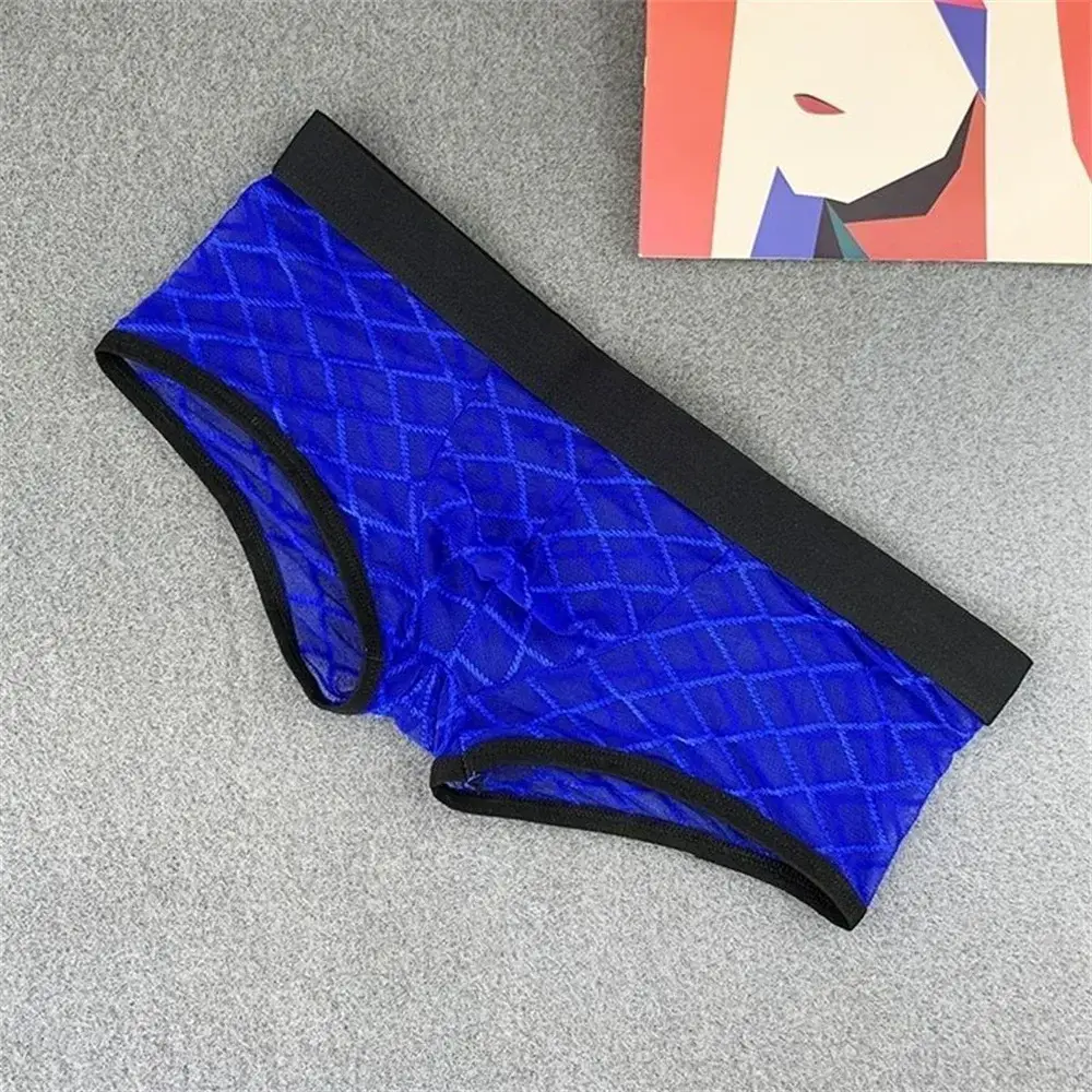 Cueca boxer transparente masculina, bolsa com bojo, transparente, malha xadrez, sexy, cintura baixa, plus size
