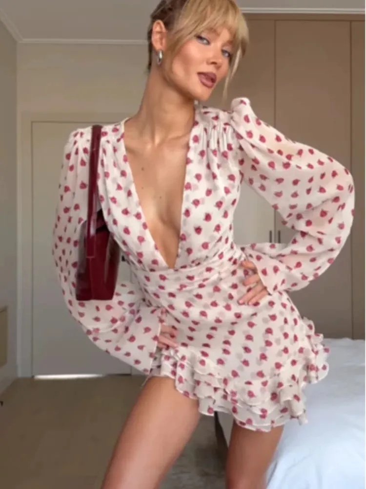Printed Deep V-neck Short Puff Sleeves Dresses Lady Casual High Waisted Layered Ruffle Hem Mini Dress Spring Party Dating Gowns