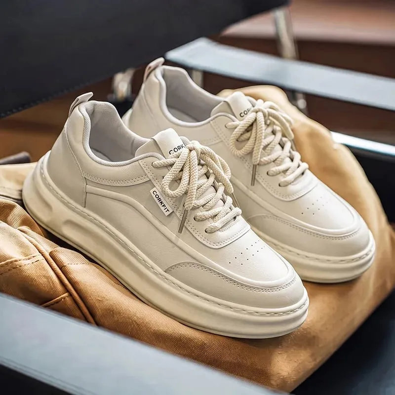 Men Sneakers Spring Summer Casual Board Shoes Smooth Texture Thick Sole Lace Up Minimalist Daily Footwear