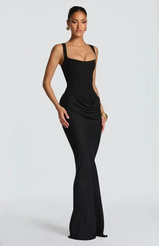 Solid Pleated Sling Dress Square Neck Sleeveless Off-shoulder Waist Cinching Slim Women Dresses Fashion Evening Party Gown 2025 — image 8