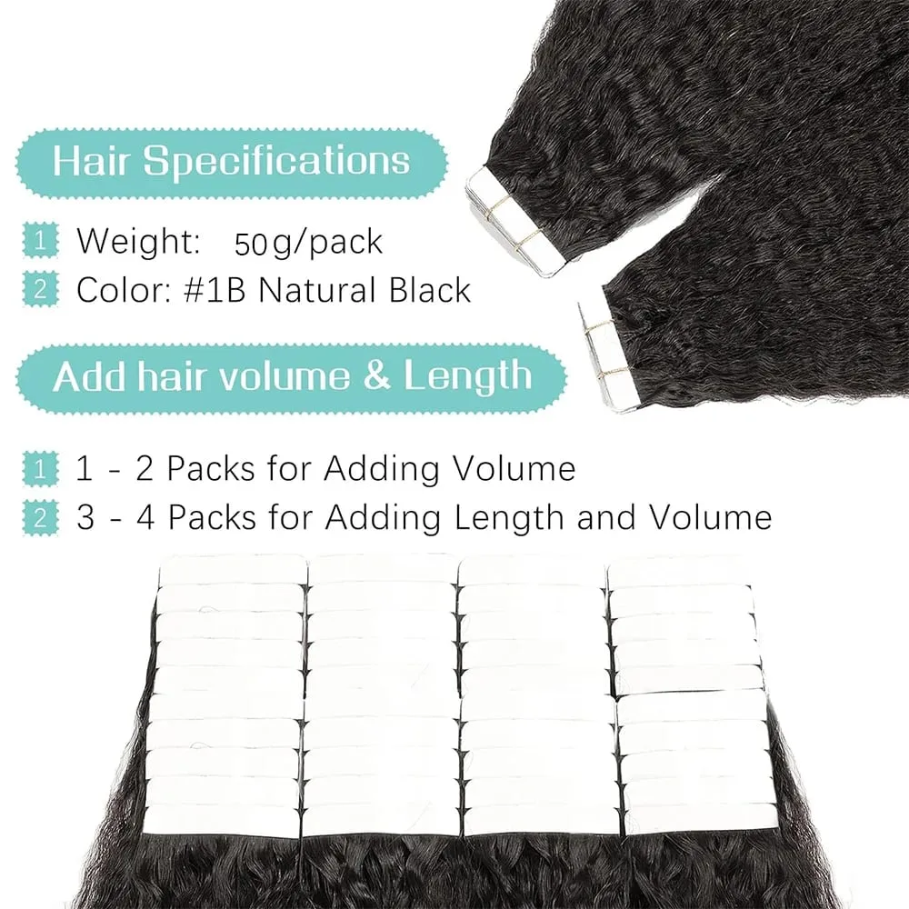 Kinky Straight Tape In Hair Extensions 20Pcs/50g Yaki Tape Ins Invisible Adhesive Glue Seamless Full Head Remy 100% Human Hair