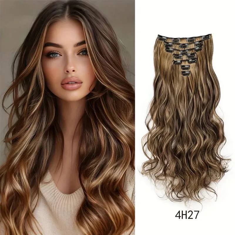 Synthetic 18Inch Long Curly Hair Hairpiece Heat Resistant Hair Extension Clips In Black Brown Blonde for Women