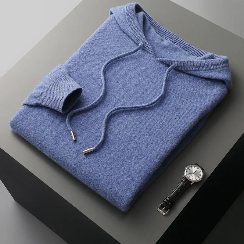 DjzDsm 100% Merino Wool Men's One-piece Ready-to-Wear Hoodie Knitted Sweatshirt Autumn Winter Casual Large Top Long Sleeved