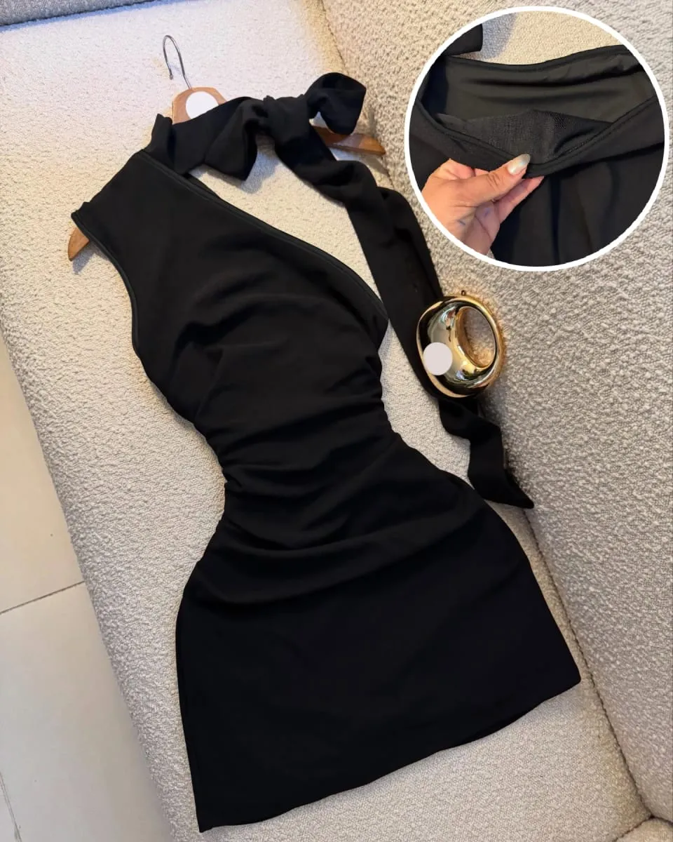 A Black One-Shoulder Halter-Neck Dress with a Bow Pleated and Fitted Short Dress Perfect for Everyday Outings and Attracting Attention a Sexy Little Black Dress for Dates