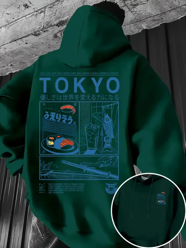 Loose-fit Men's Hooded Sweatshirt Tokyo-style Japanese Cuisine Woodblock Print Multi-panel Japanese-style Printed Pullover Top