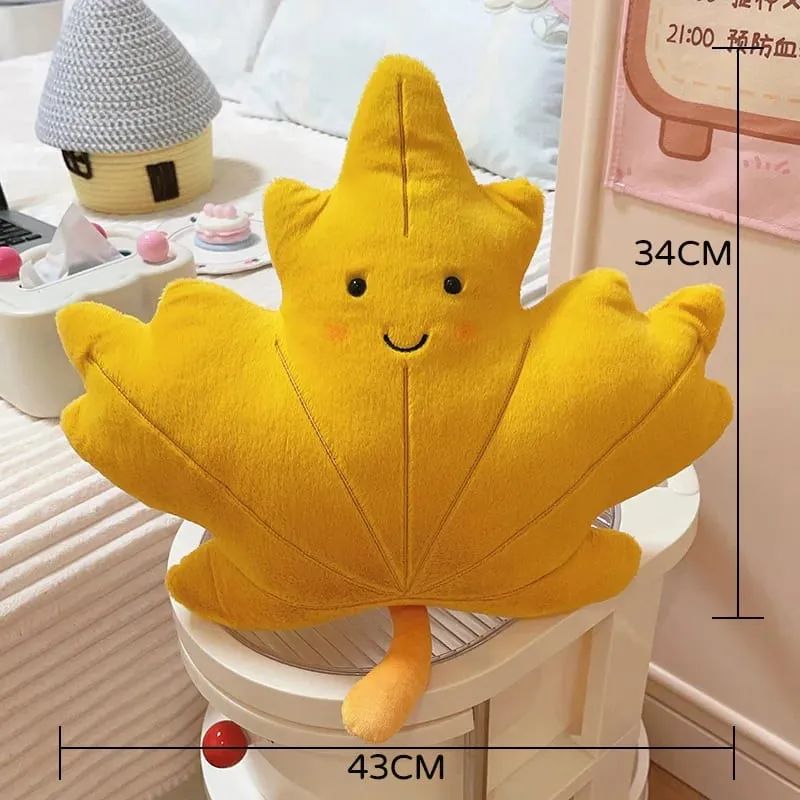 Smiling Face Maple Ginkgo Leaf Plush Pillow Stuffed Kawaii Plant Cushion Sofa Chair Decoration Gift