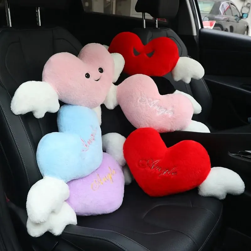 28x58cm 2Pcs Cute Heart‑Shaped Car Headrest Pillow With Angel Wings Soft Plush Auto Neck Support Cushion Car Seat Head Pillow — image 2