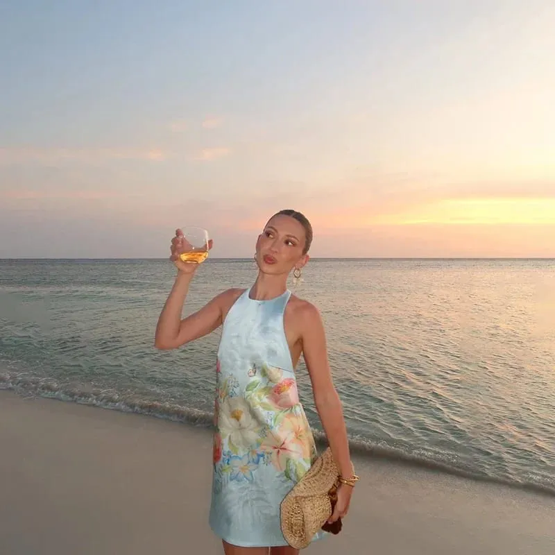 Bohemian Floral Print Halter Neck Mini Dress Women Sexy Sleeveless Backless Short Skirt Lady Summer Party Vacation Beachwear