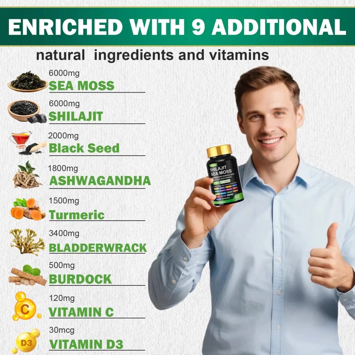 Sea Moss Shilajit Ashwagandha Sea Moss Capsule Supplement with Turmeric Burdock Root Bladderwrack Vitamin C Vitamin D3 Enhanced Immunity & Energy Black Seed Oil Capsule